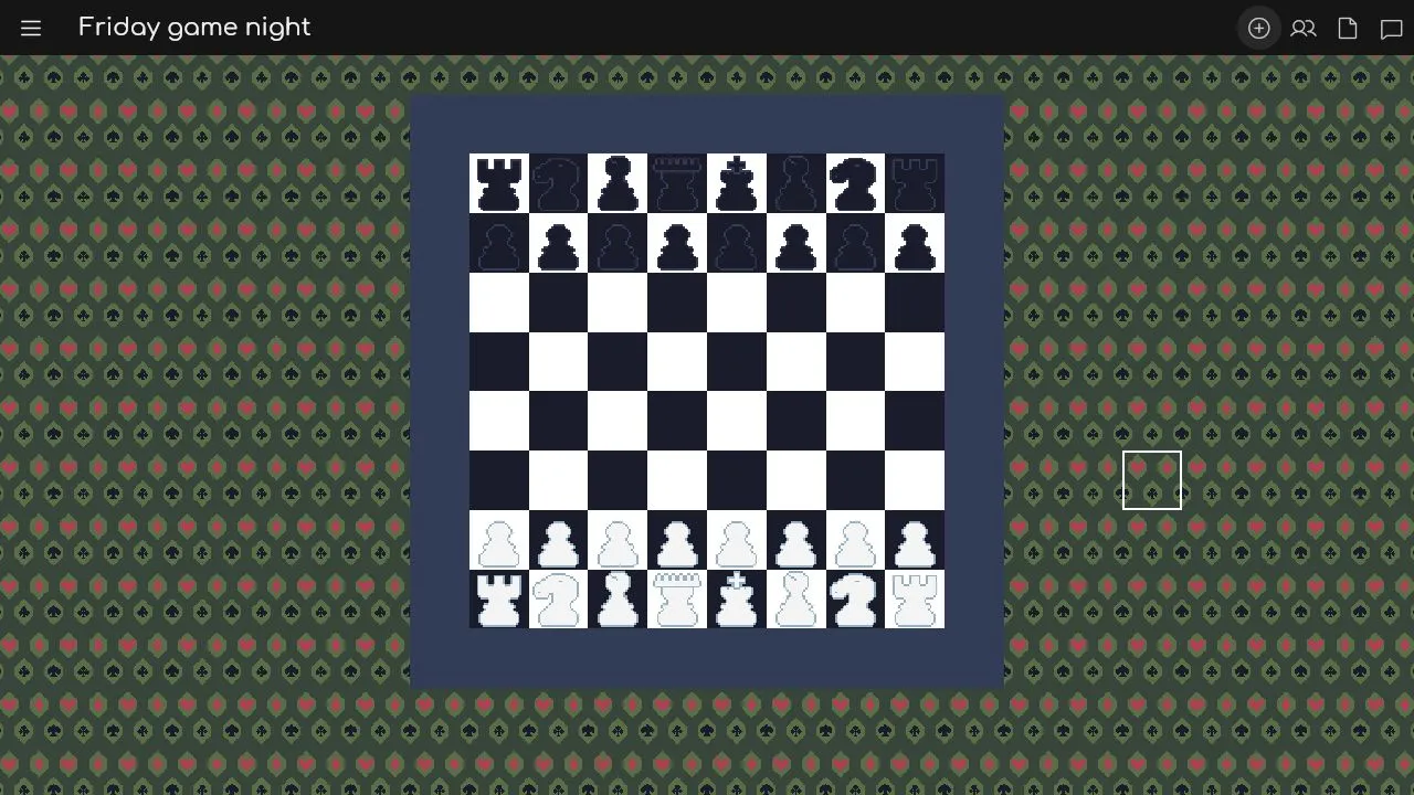 A complete chess setup on a patterned Setonix table, with black and white pieces ready to play