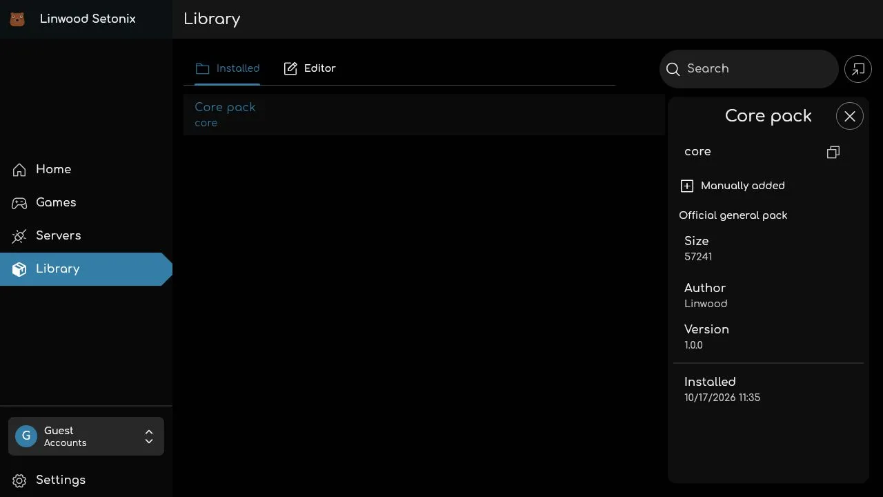 The Setonix pack library showing the core pack and its customizable content